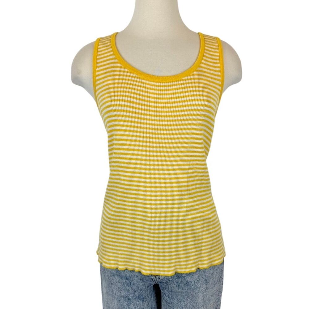 St. John Knit Striped Sleeveless Sweater Tank Top Scoop Neck Yellow/White L